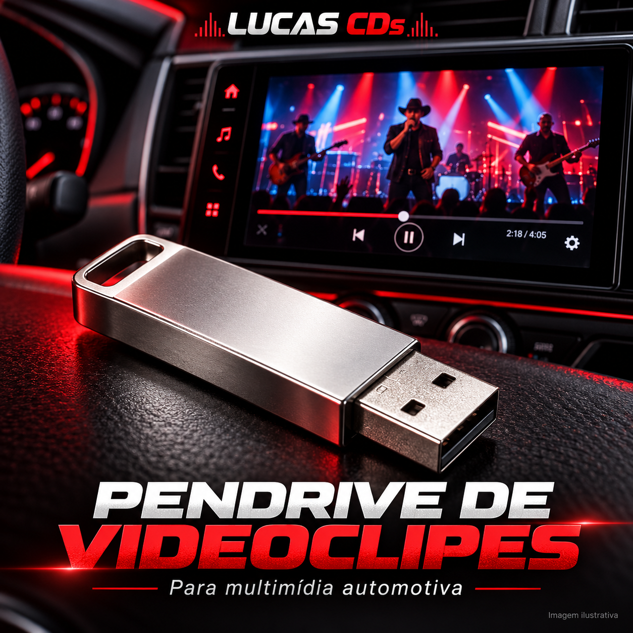 Pendrive prateado de videoclipes para multimídia automotiva