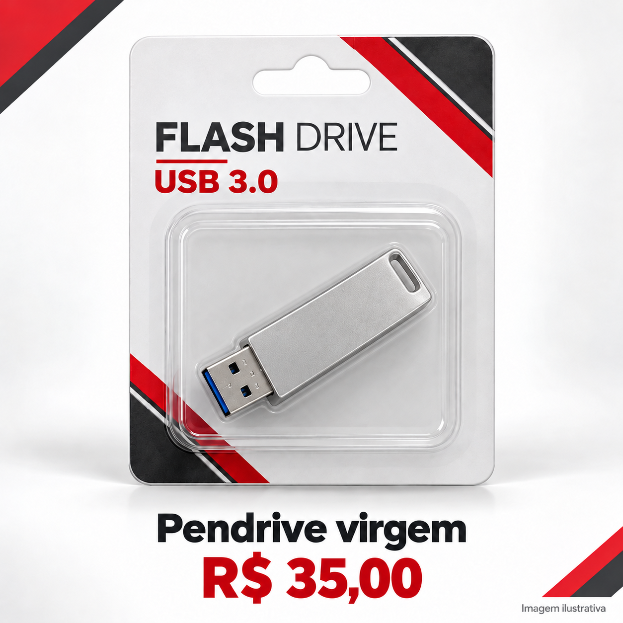 Imagem ilustrativa de pendrive prateado USB 3.0 na embalagem, R$ 35,00